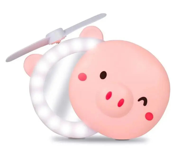 Espelho de Maquiagem Portátil com Luzes de Led e Ventilador - Happy Pig