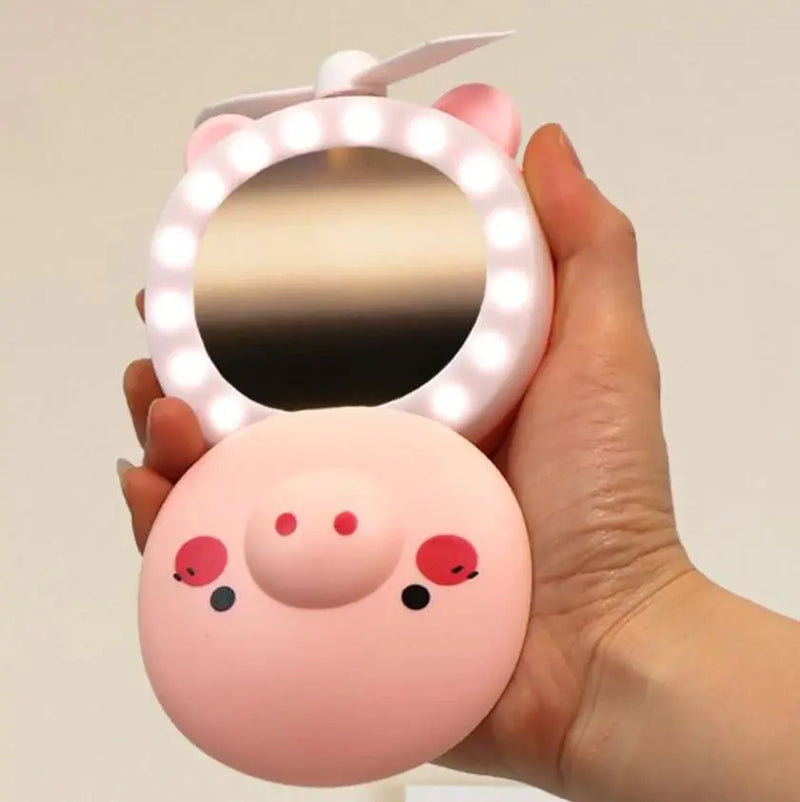 Espelho de Maquiagem Portátil com Luzes de Led e Ventilador - Happy Pig